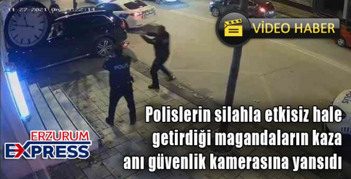 Polislerin silah çekerek etkisiz hale getirdiği magandaların kaza anı güvenlik kamerasına yansıdı