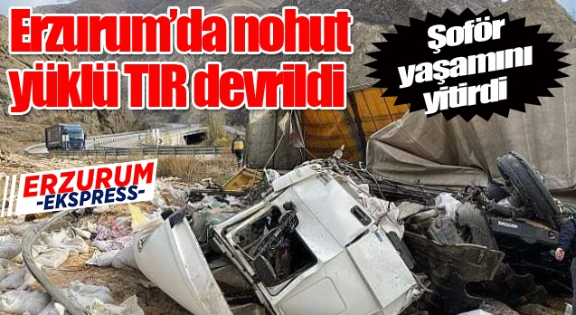 Erzurum'da devrilen nohut yüklü tır can aldı