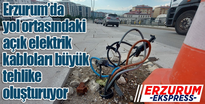 Erzurum’da yol ortasındaki açık elektrik kabloları büyük tehlike oluşturuyor